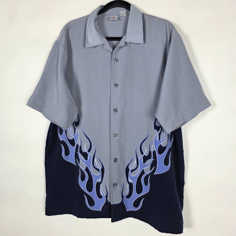 Vintage Y2K Anchor Blue Fire Flames Mens Large Short Sleeve Blue Button Shirt